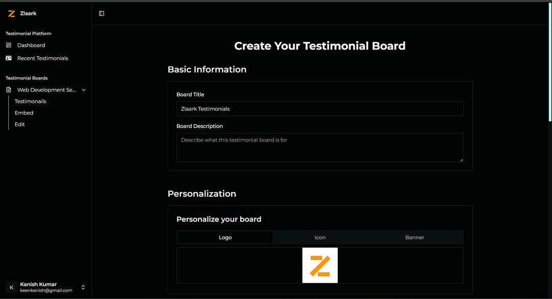 Zlaark Testimonial Create page basic information section