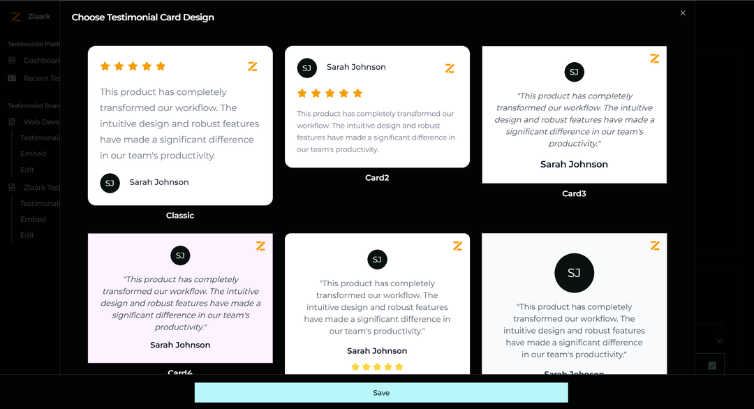 Zlaark Testimonial embed page Card change section