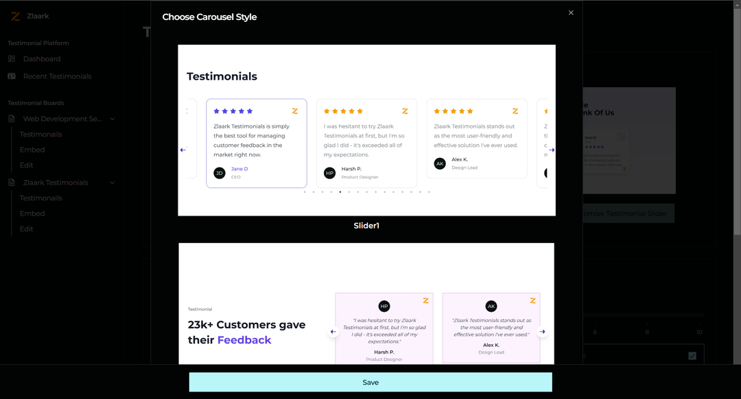 Zlaark Testimonial embed page Carousel change section