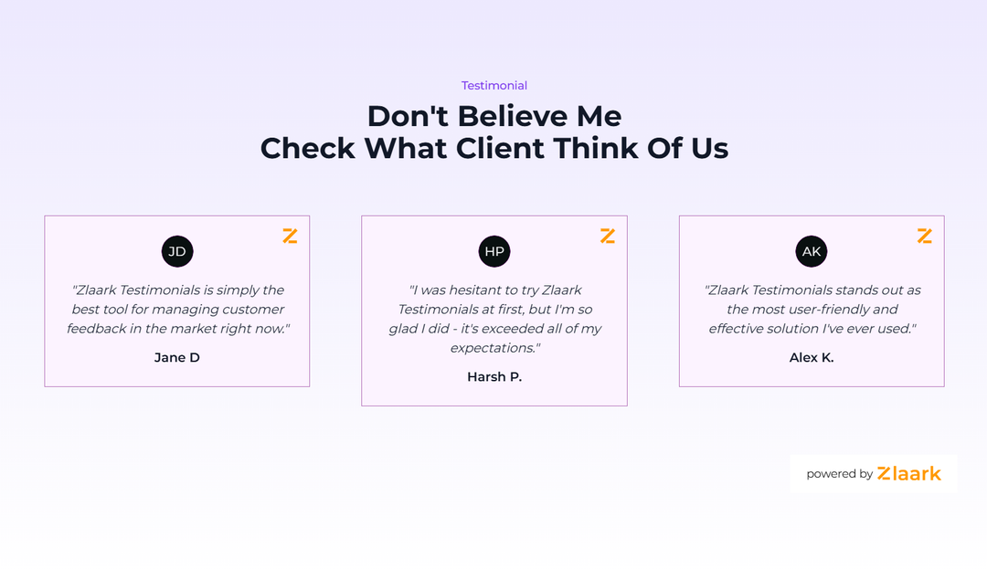 Zlaark Testimonial Carousel on website