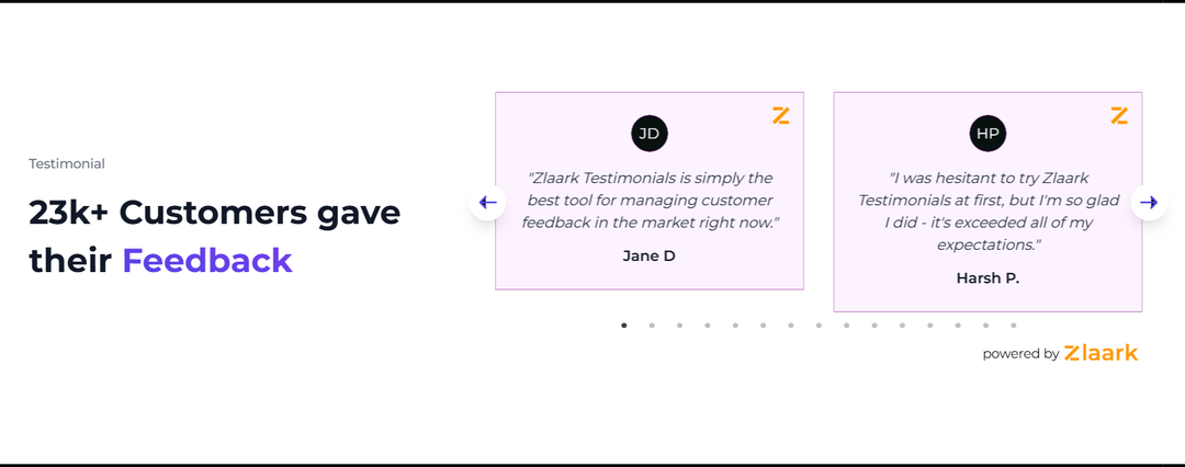 Zlaark Testimonial Carousel on website