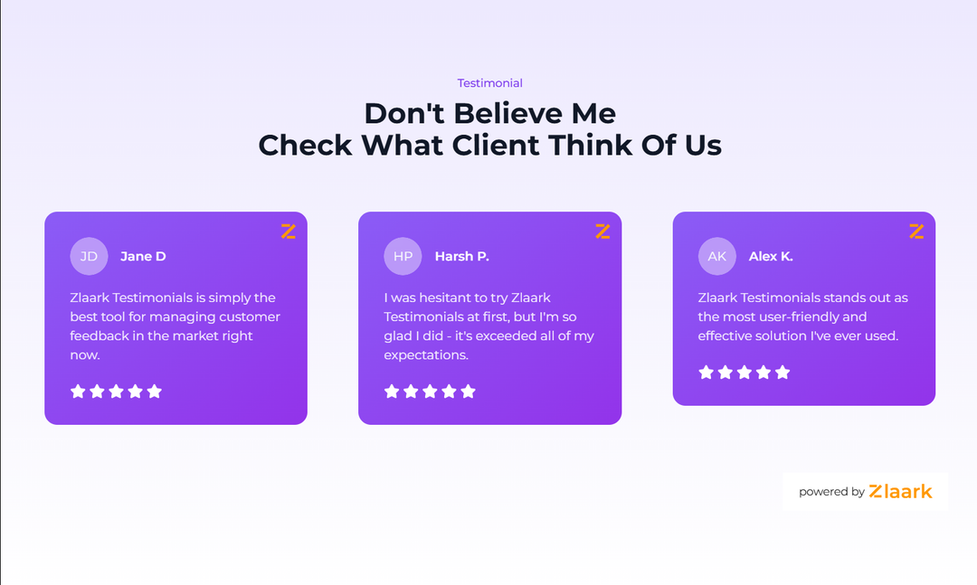 Zlaark Testimonial Carousel on website