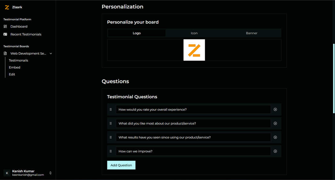 Zlaark Testimonial Create page personalisation section