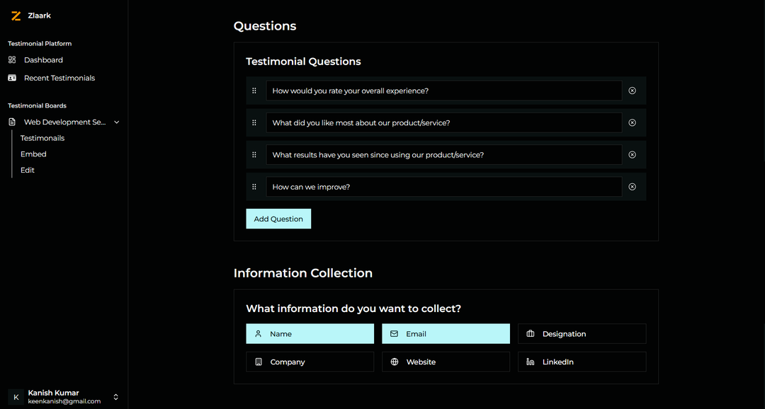 Zlaark Testimonial Create page questions section