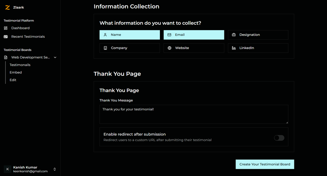 Zlaark Testimonial Create page information collection section