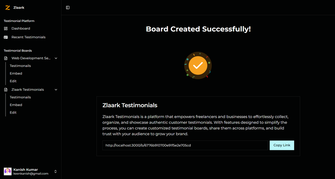Zlaark Testimonial success page with share link