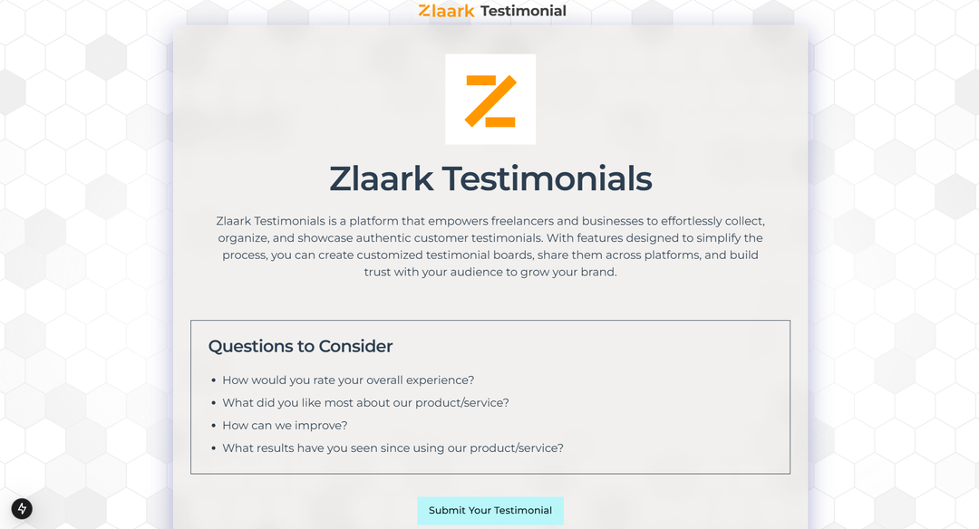 Zlaark Testimonial Submit page with form