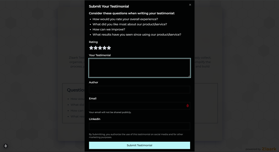 Zlaark Testimonial form