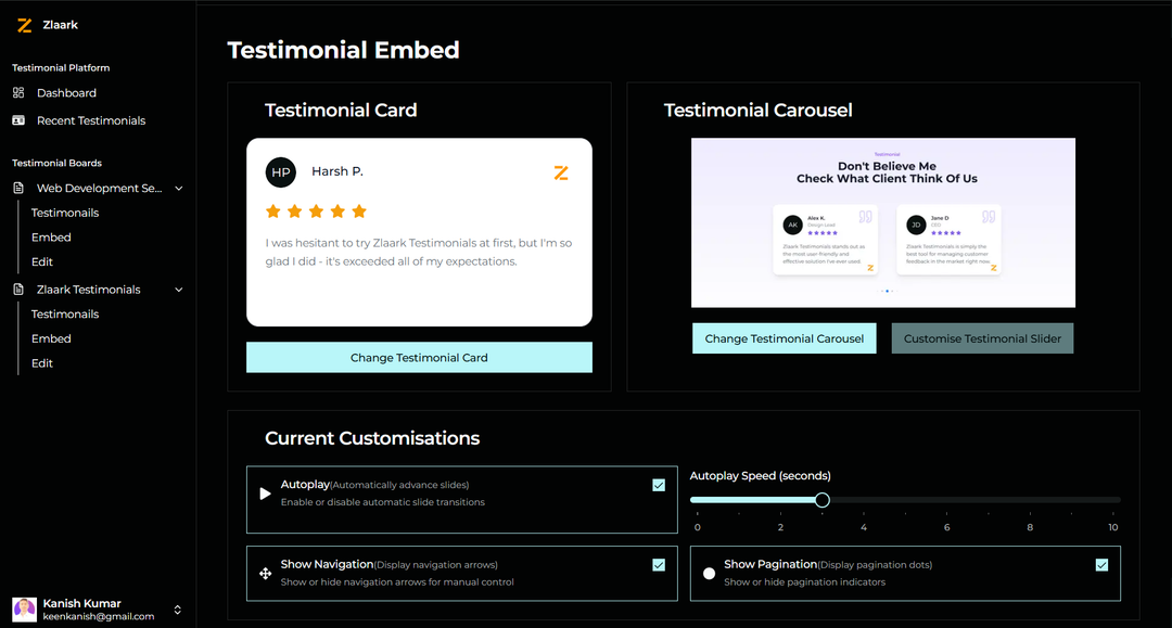 Zlaark Testimonial Embed page with customization options